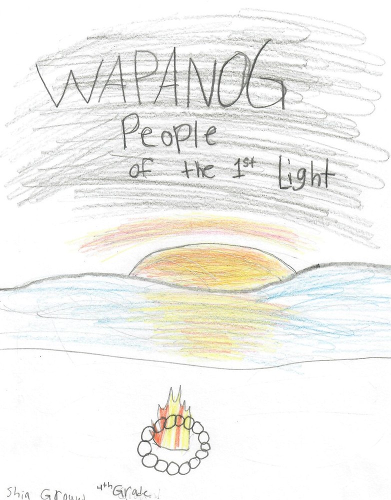 Student drawing of a sunrise and a fire depicting the Wampanoag people