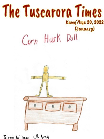 Student drawing of a cornhusk doll on a desk.