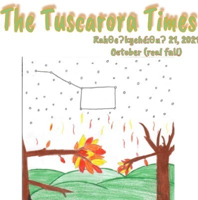 Student drawing of falling leaves from a tree & the big dipper in the sky