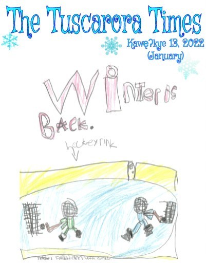 Student drawing of two kids playing hockey titled Winter is Back.